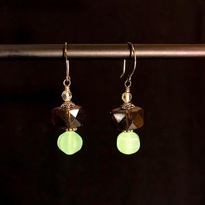 Aqua, brown, and clear glass bead earrings.